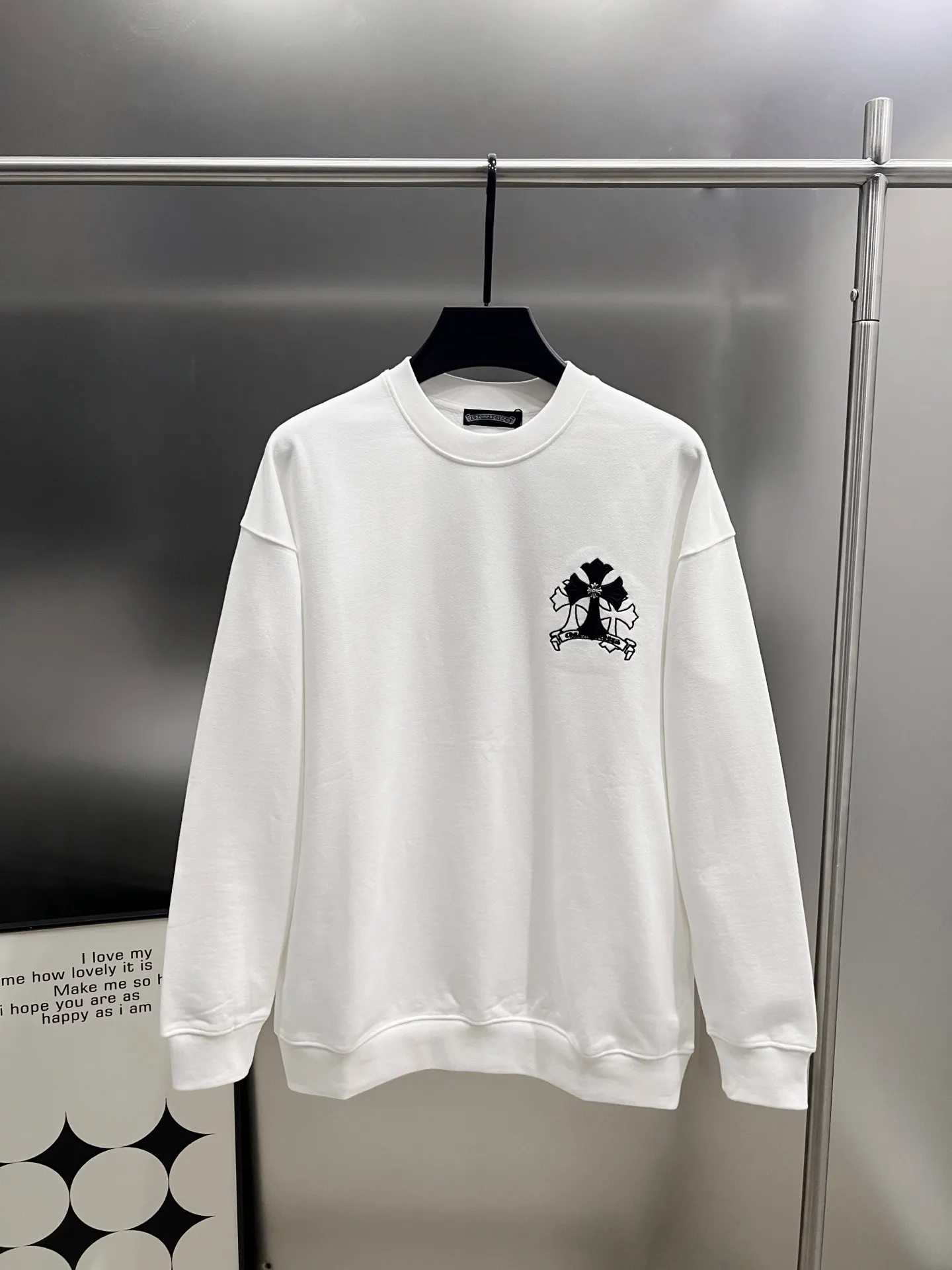 🅿️310 CH Cro 2025 Autumn and Winter New Customized 430g Double Yarn Fabric Round Neck Long Sleeve Sweater Chest Cross Pastel Embroidery Technology Classic Sanskrit Letters Embroidery Pastel + Hardware Design Technology High-end Version! The same loose version for men and women S M L XL XXL five sizes color black white